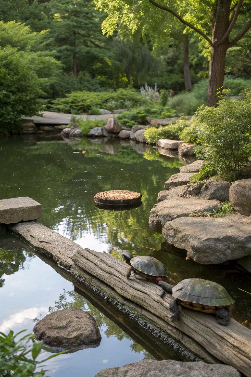 Flat stones and logs provide perfect basking spots for turtles.