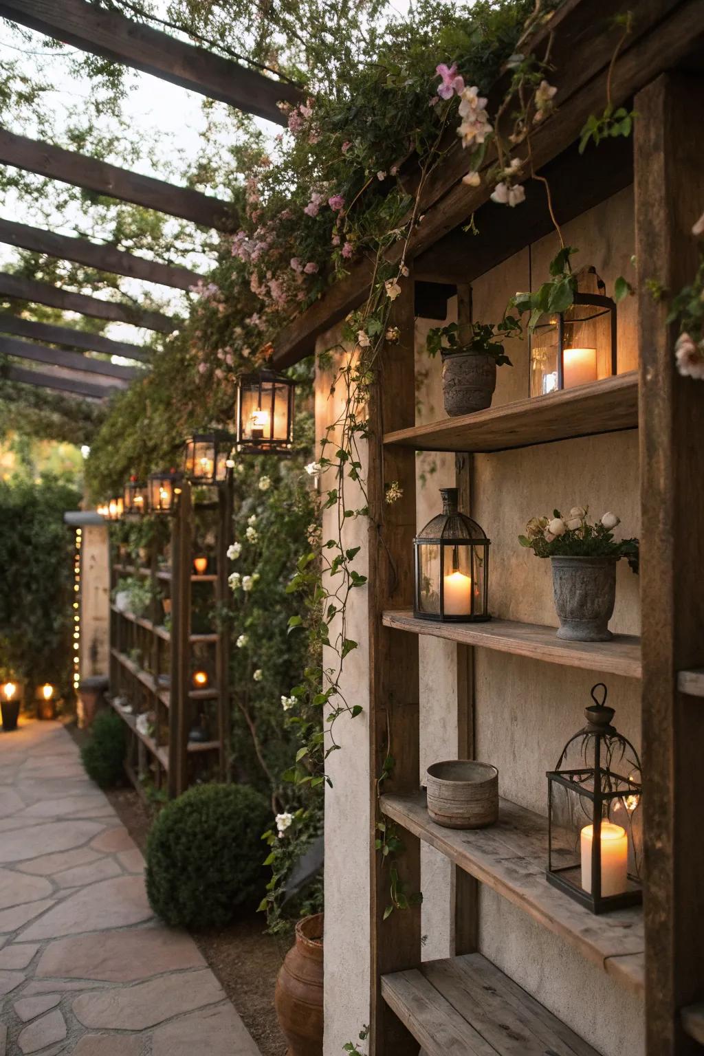 A pergola shelf that enhances ambiance with lanterns.