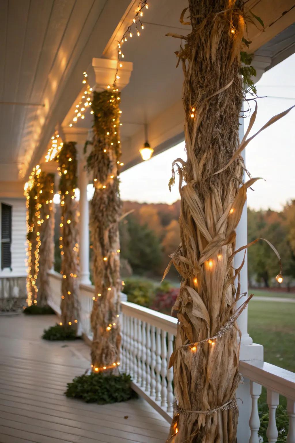 Porch columns wrapped with corn stalks and illuminated by string lights.