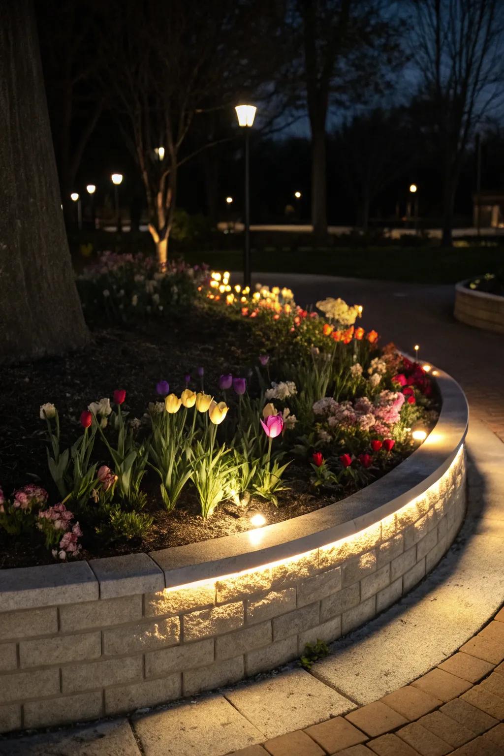 Soft lighting transforms this flower bed into a nighttime delight.