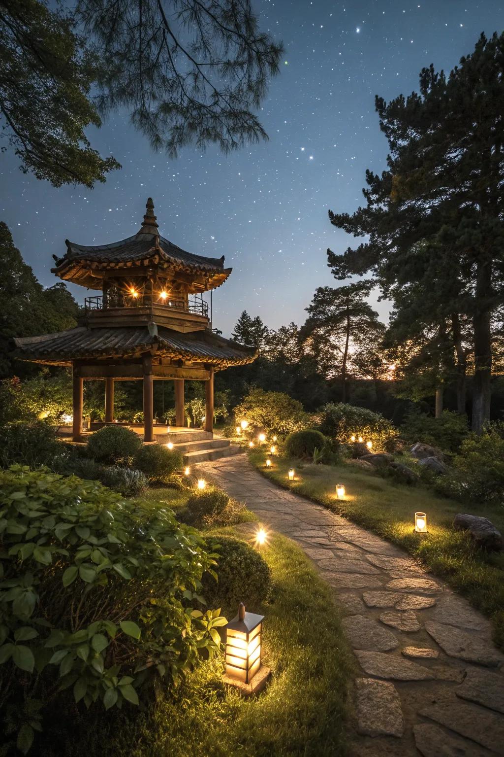 Soft lighting creates a dreamy evening atmosphere in the pagoda garden.