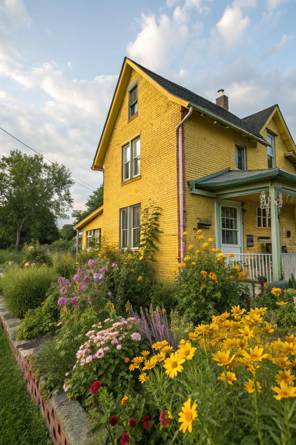 Yellow painted brick adds a bright and cheerful touch.