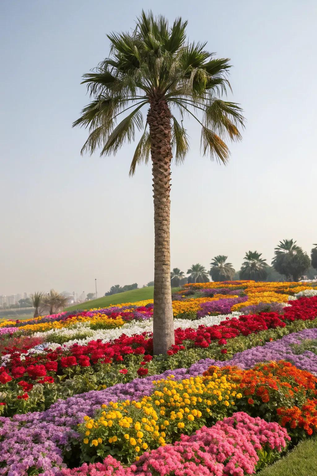 Vibrant flower beds complement the palm trees beautifully.