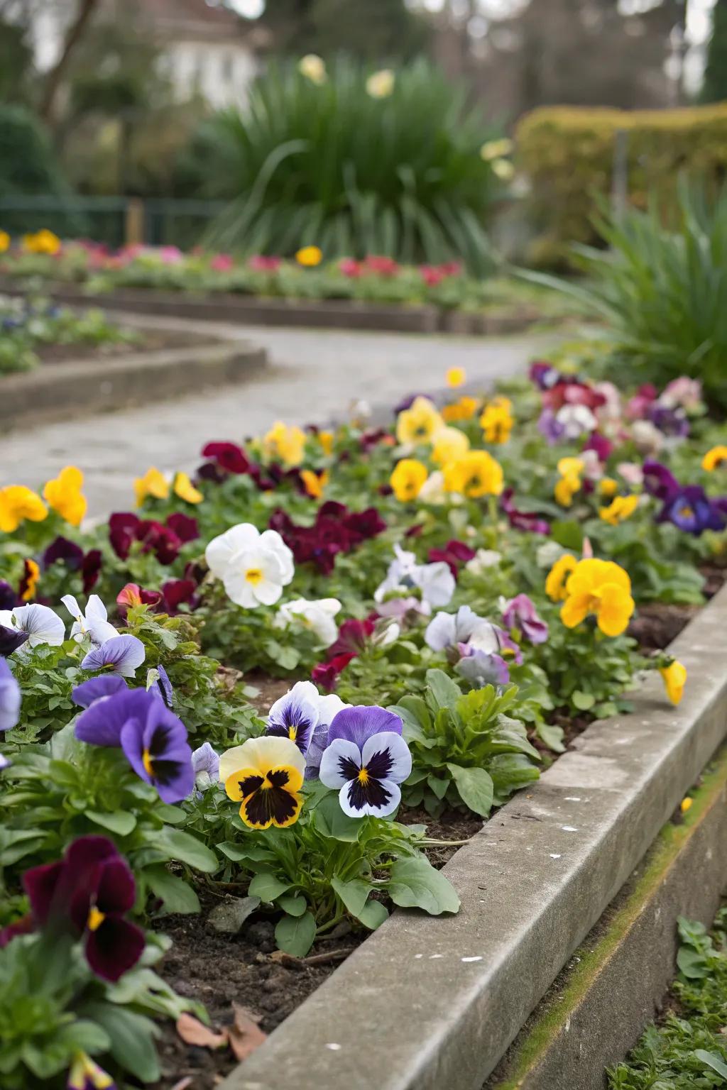 A lush garden carpet of pansies, creating a vibrant sea of color.