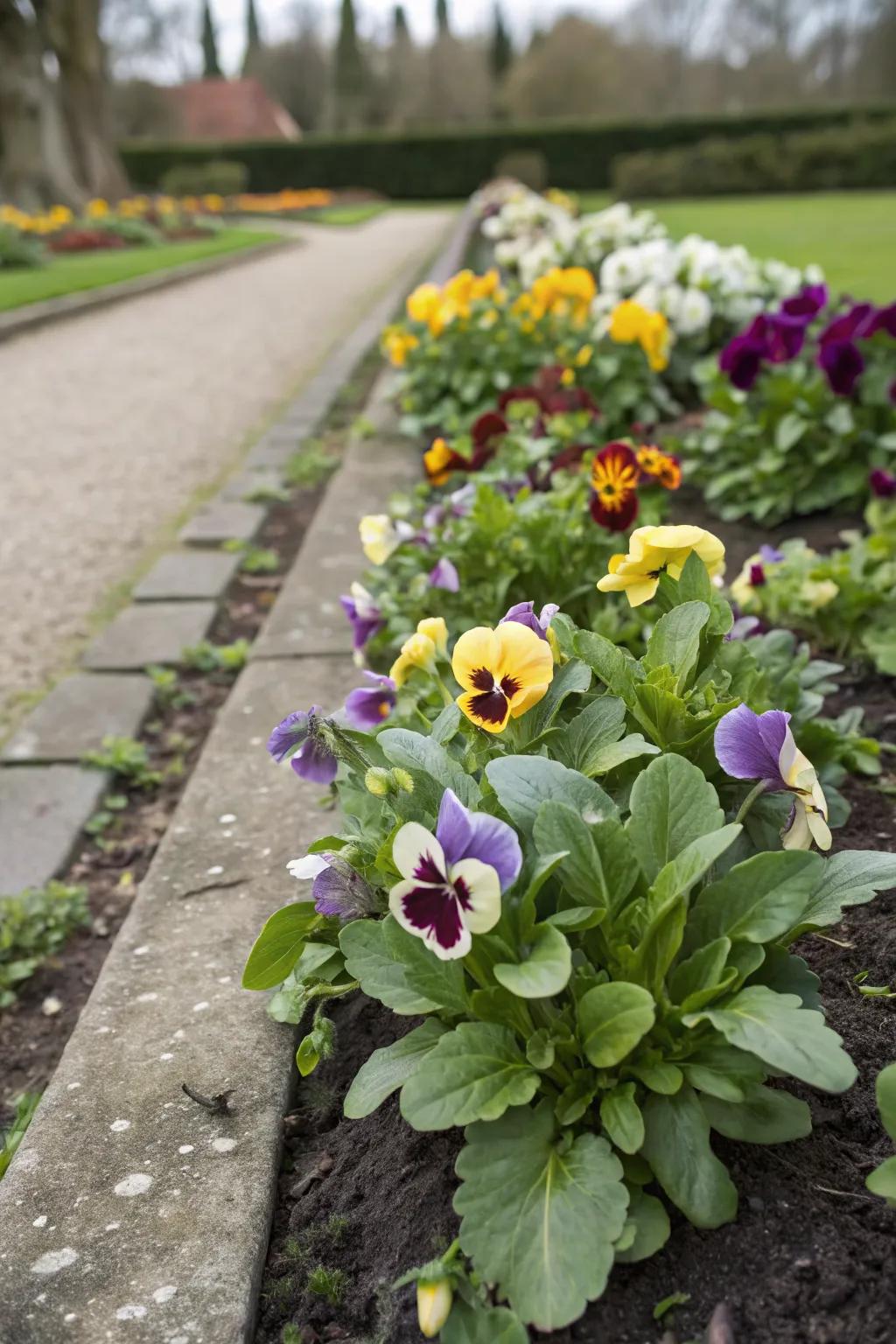 Edible pansies lining the border for a dual-purpose garden.