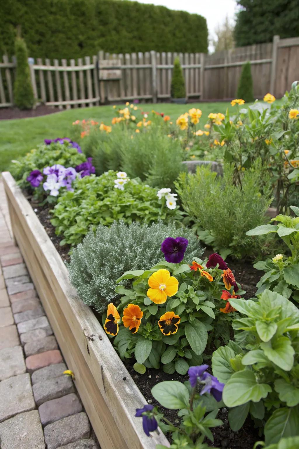 Pansies combined with herbs for a functional and decorative garden.