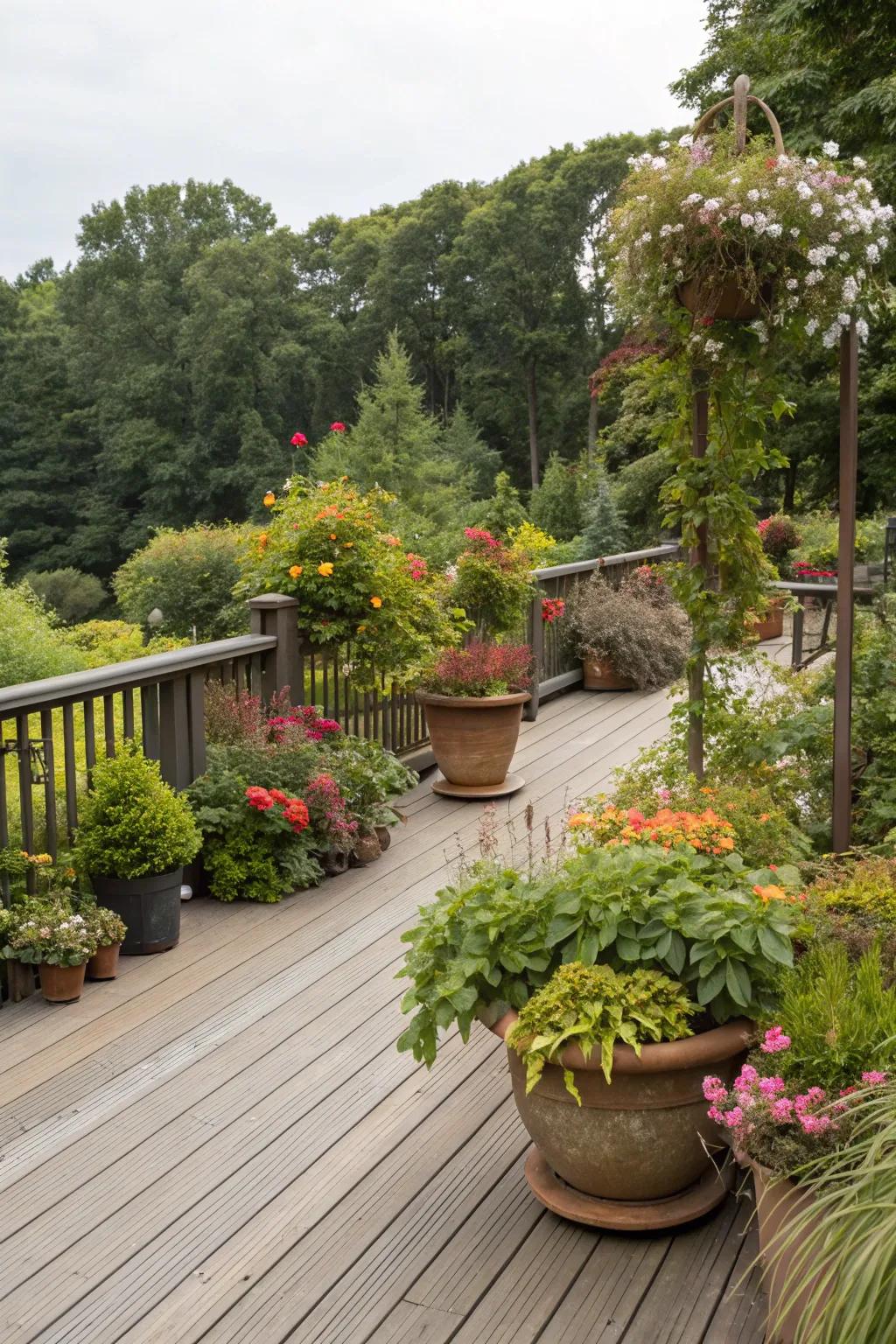 A lush green oasis on a park model deck.