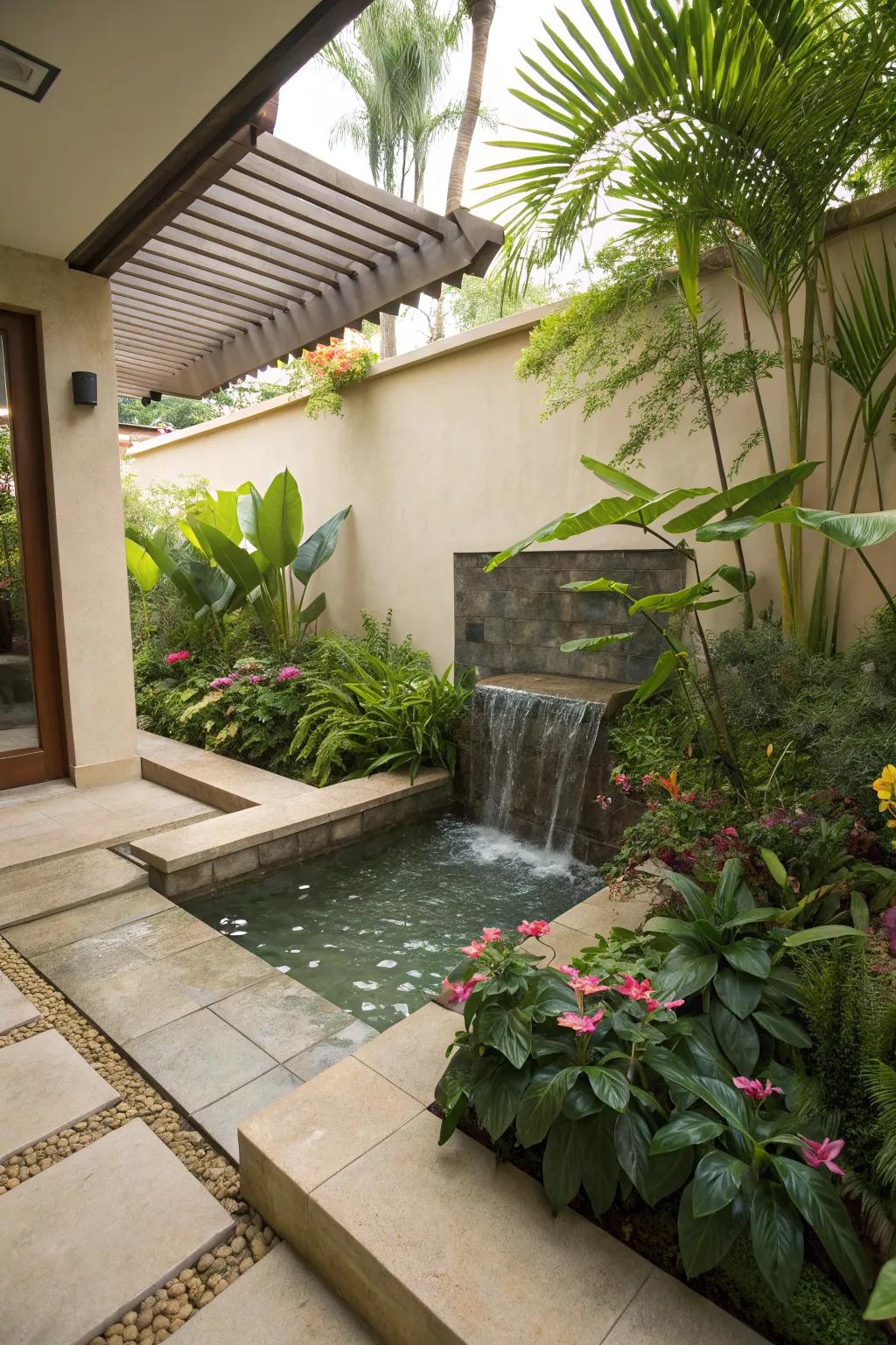 A patio with a tranquil water feature surrounded by lush plants.