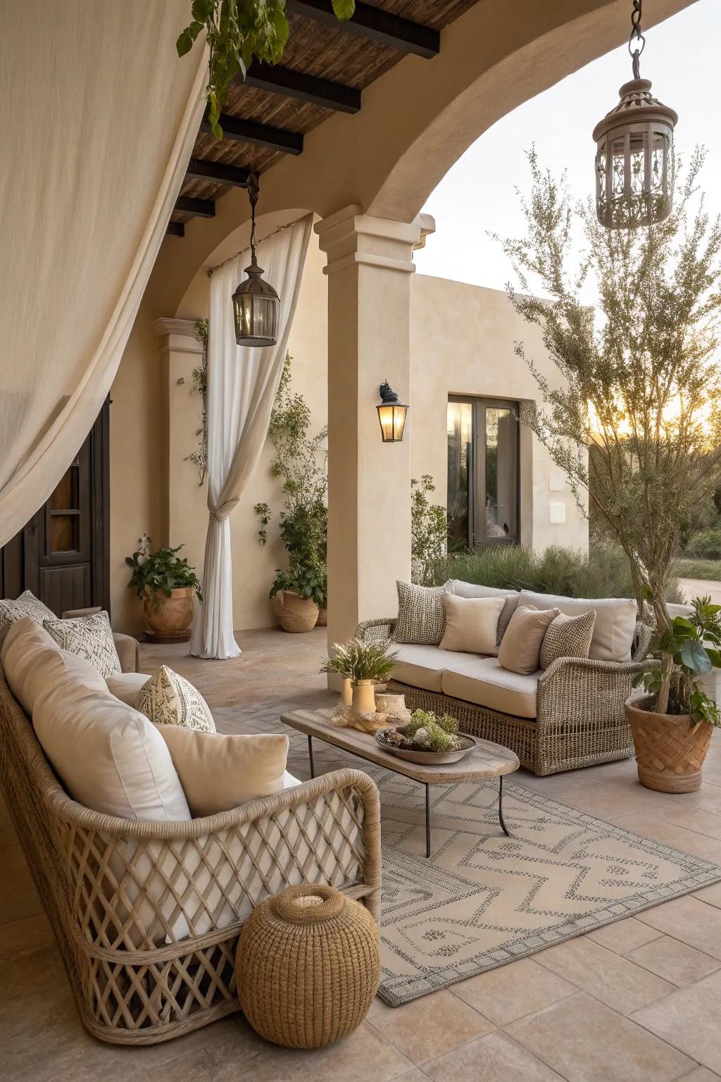 A calming patio with neutral tones in beige and taupe, offering a versatile and peaceful retreat.