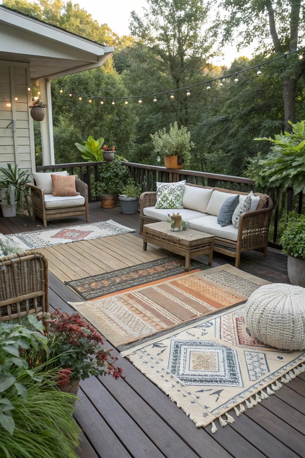Layered outdoor rugs add warmth and style to the patio.