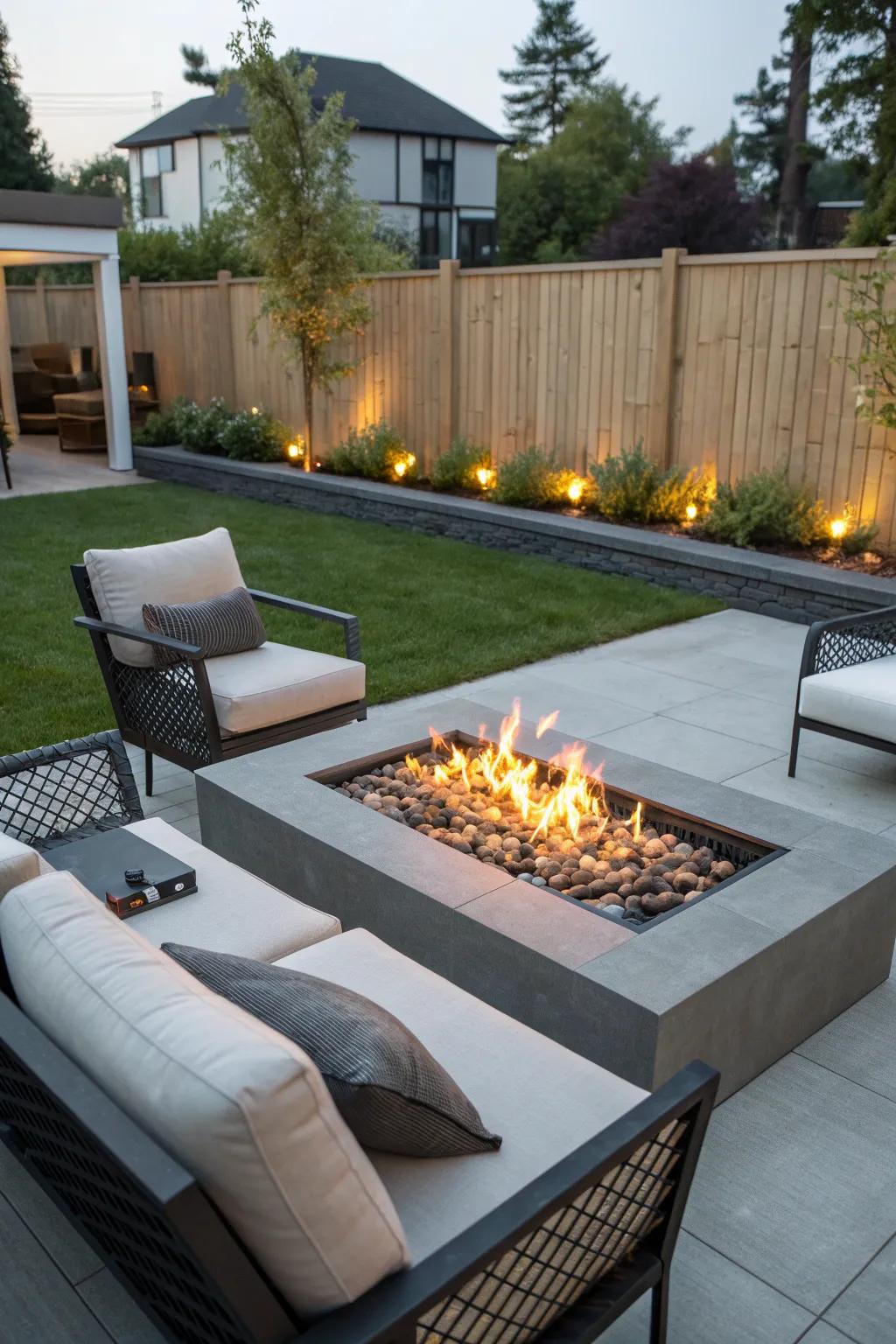 A gas fire pit offers convenience and a sleek look for modern patios.