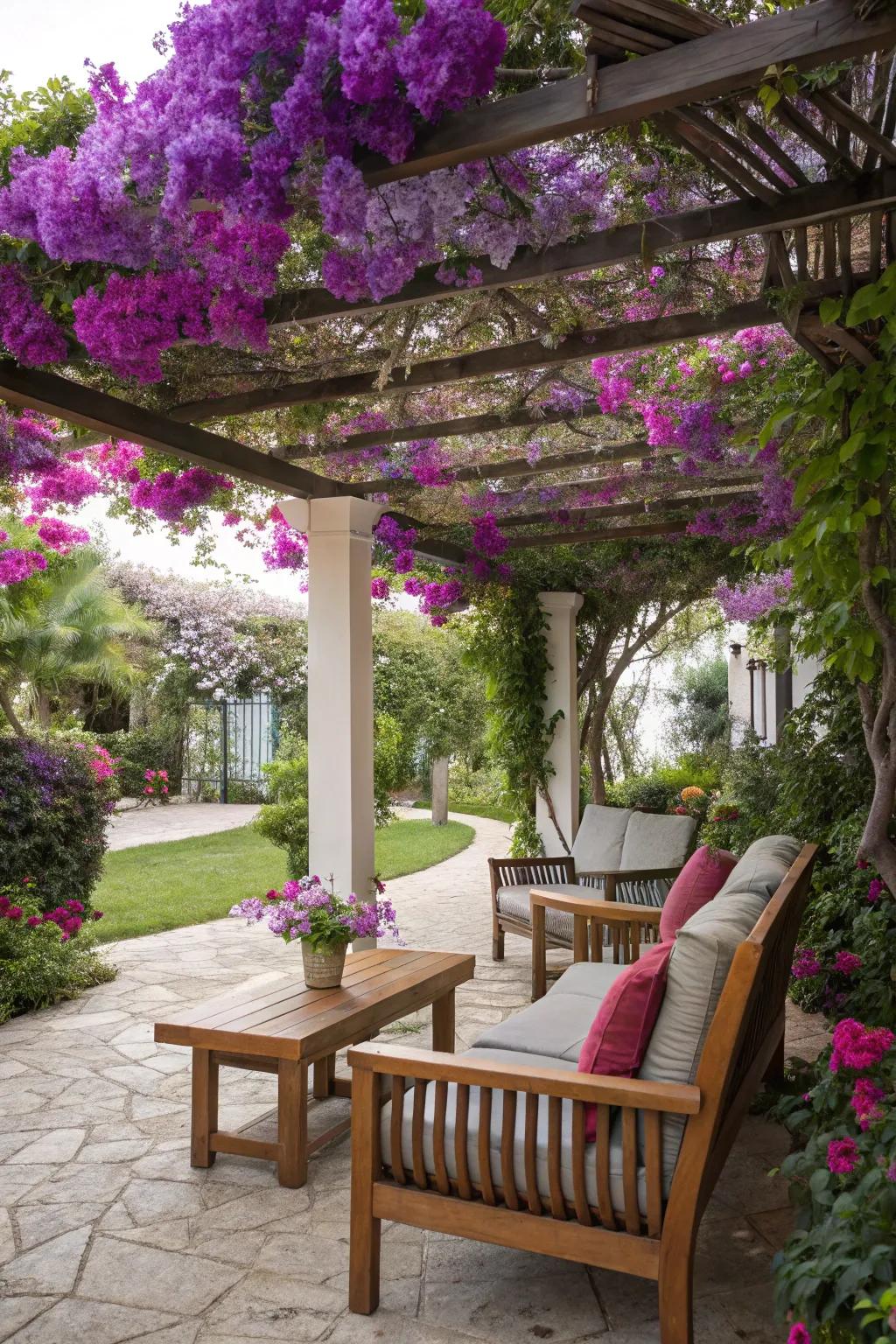 A flower-covered pergola providing shade and beauty.