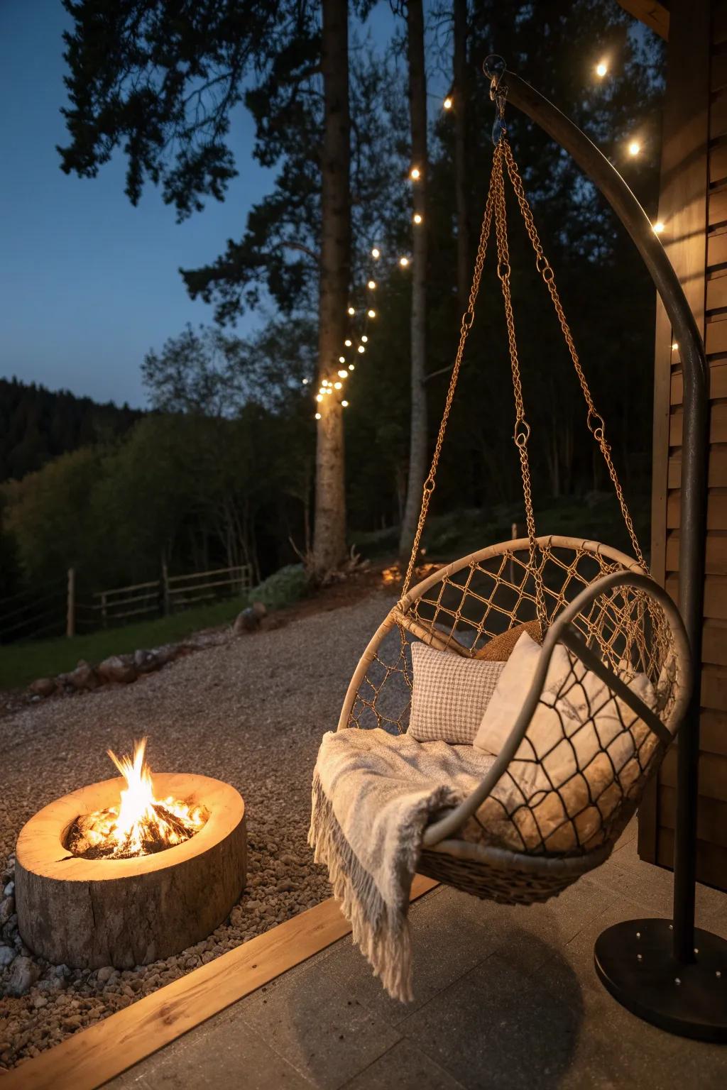 A hanging swing chair adds a playful touch to a fire pit area.