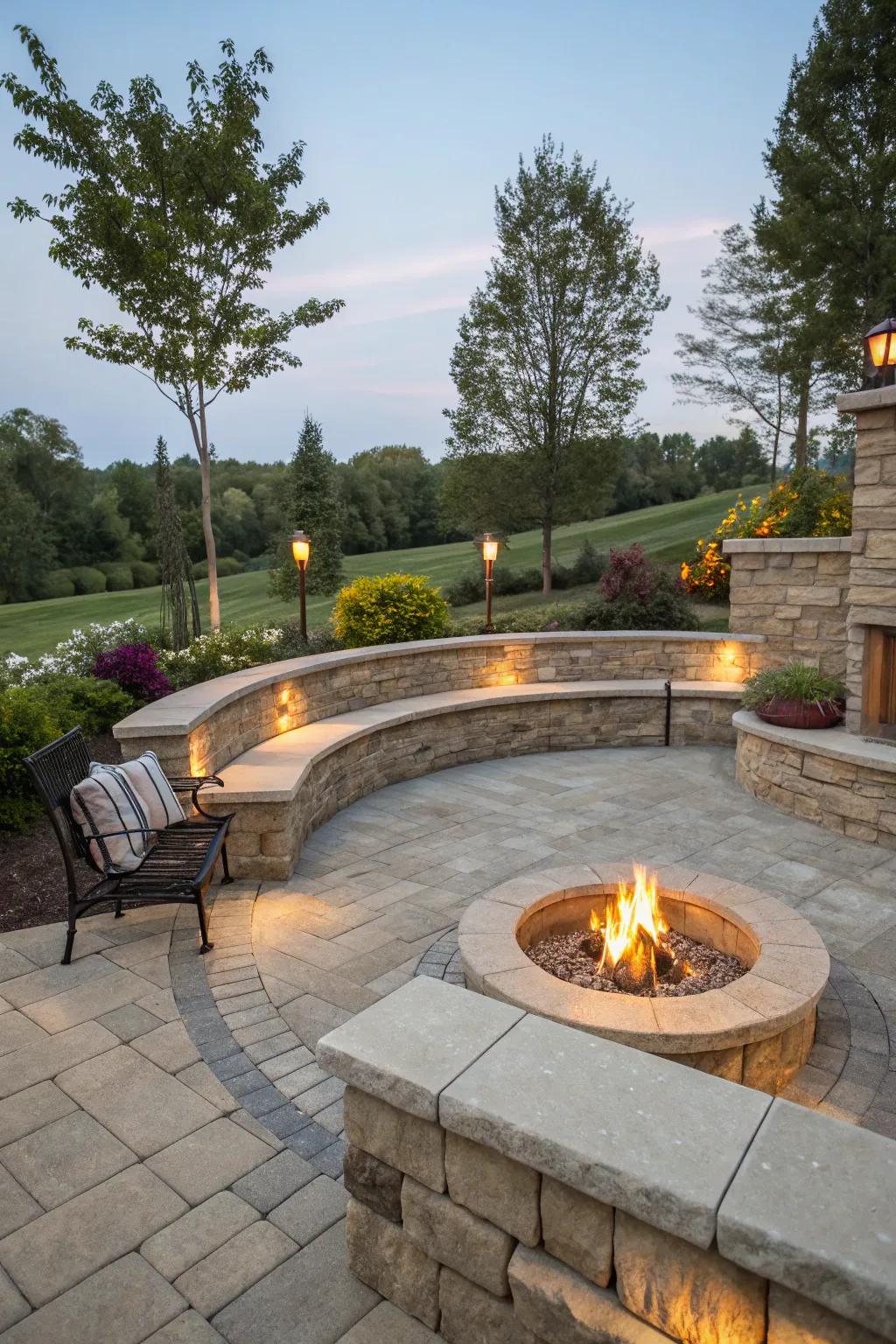Seating walls that add functionality and charm to the patio.