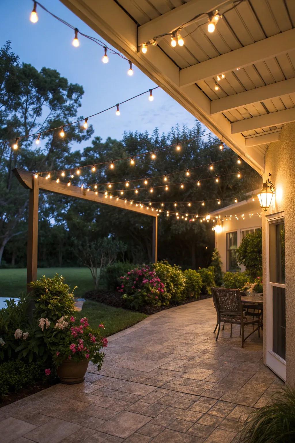 An enchanting patio illuminated by twinkling string lights.