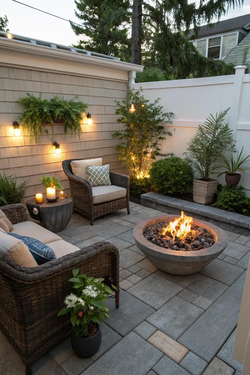 Fire features add warmth and ambiance to small patios.