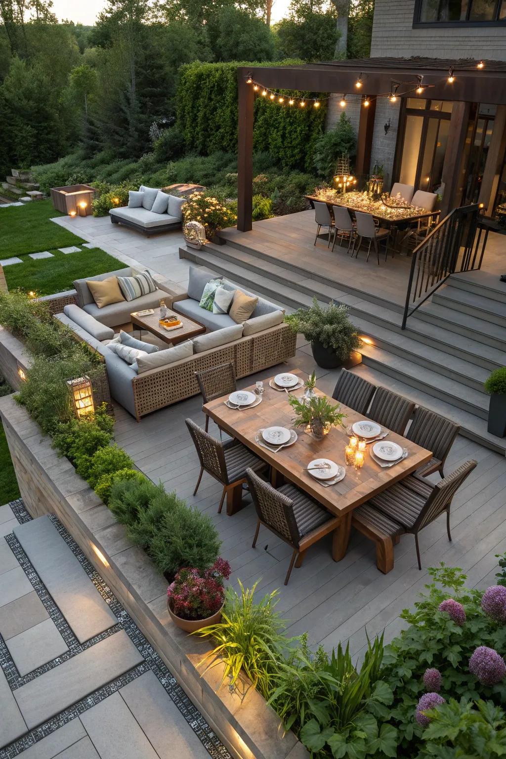 Multilevel designs offer depth and separation in patio spaces.