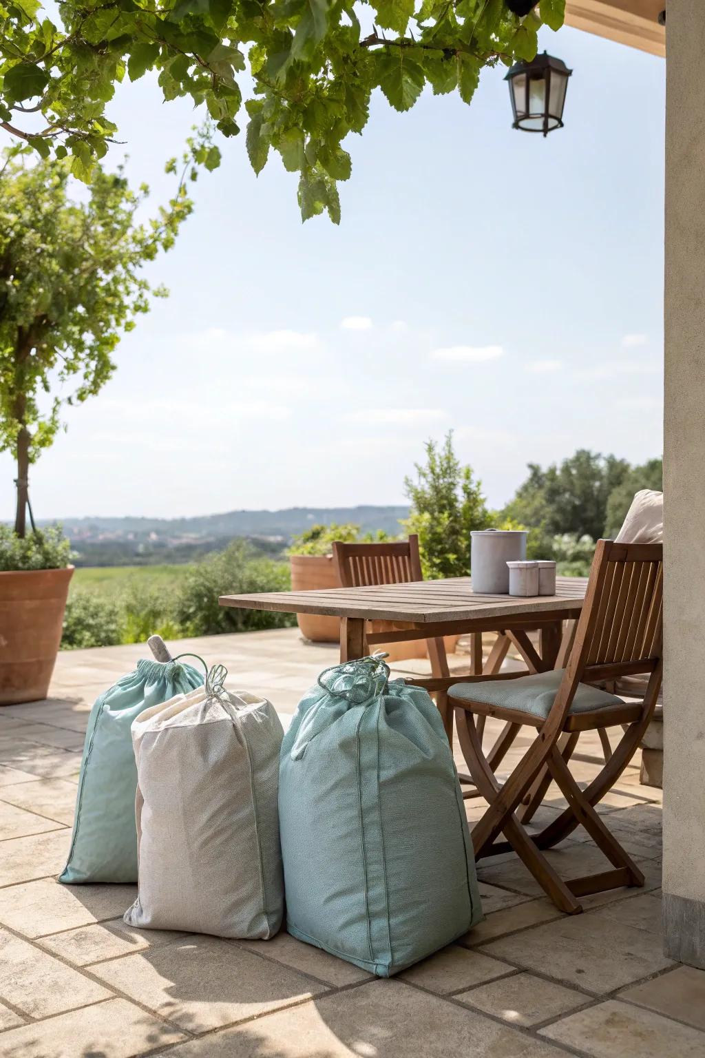 Waterproof bags protect outdoor cushions from weather.