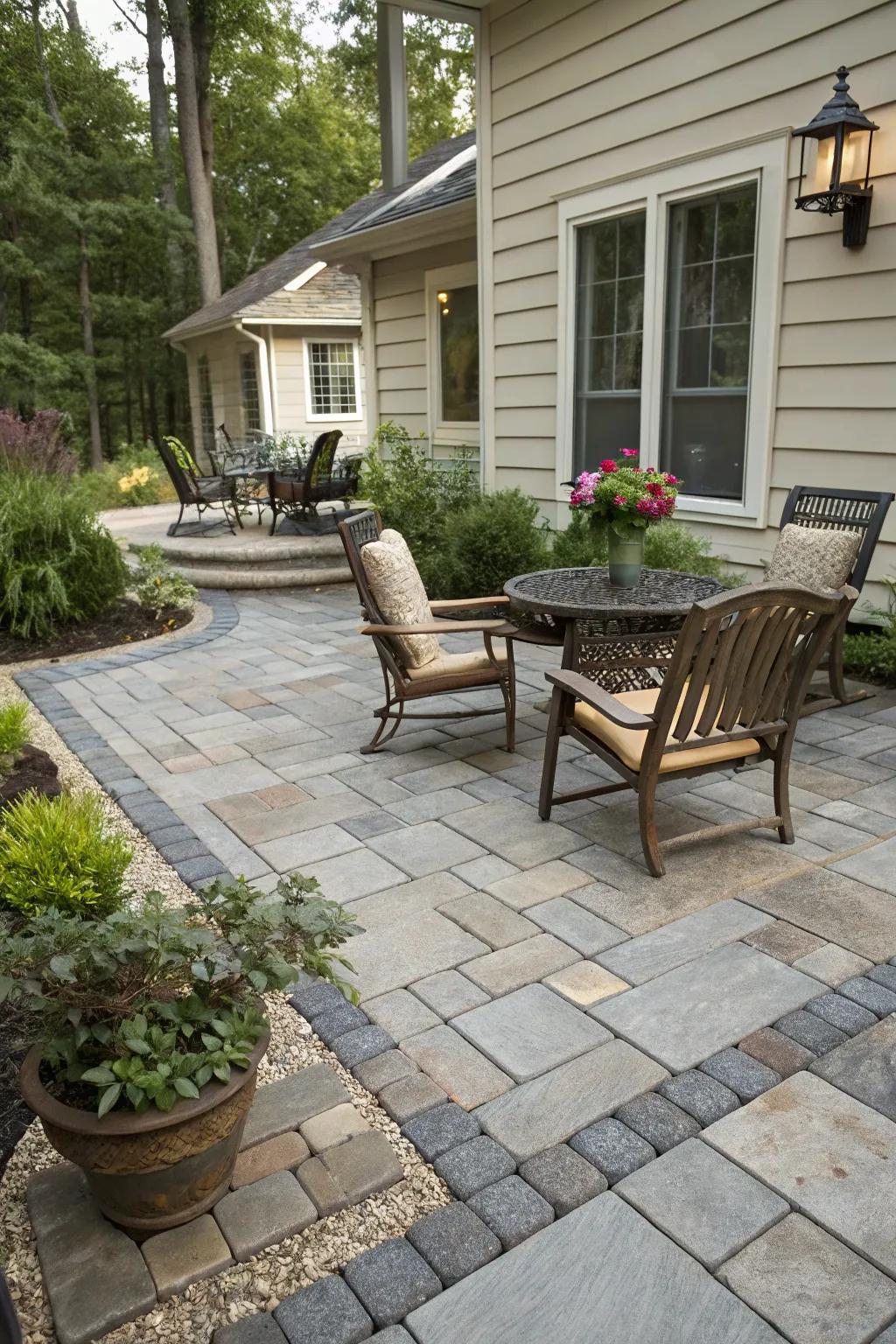 Merge modern and traditional styles with diverse paver designs.