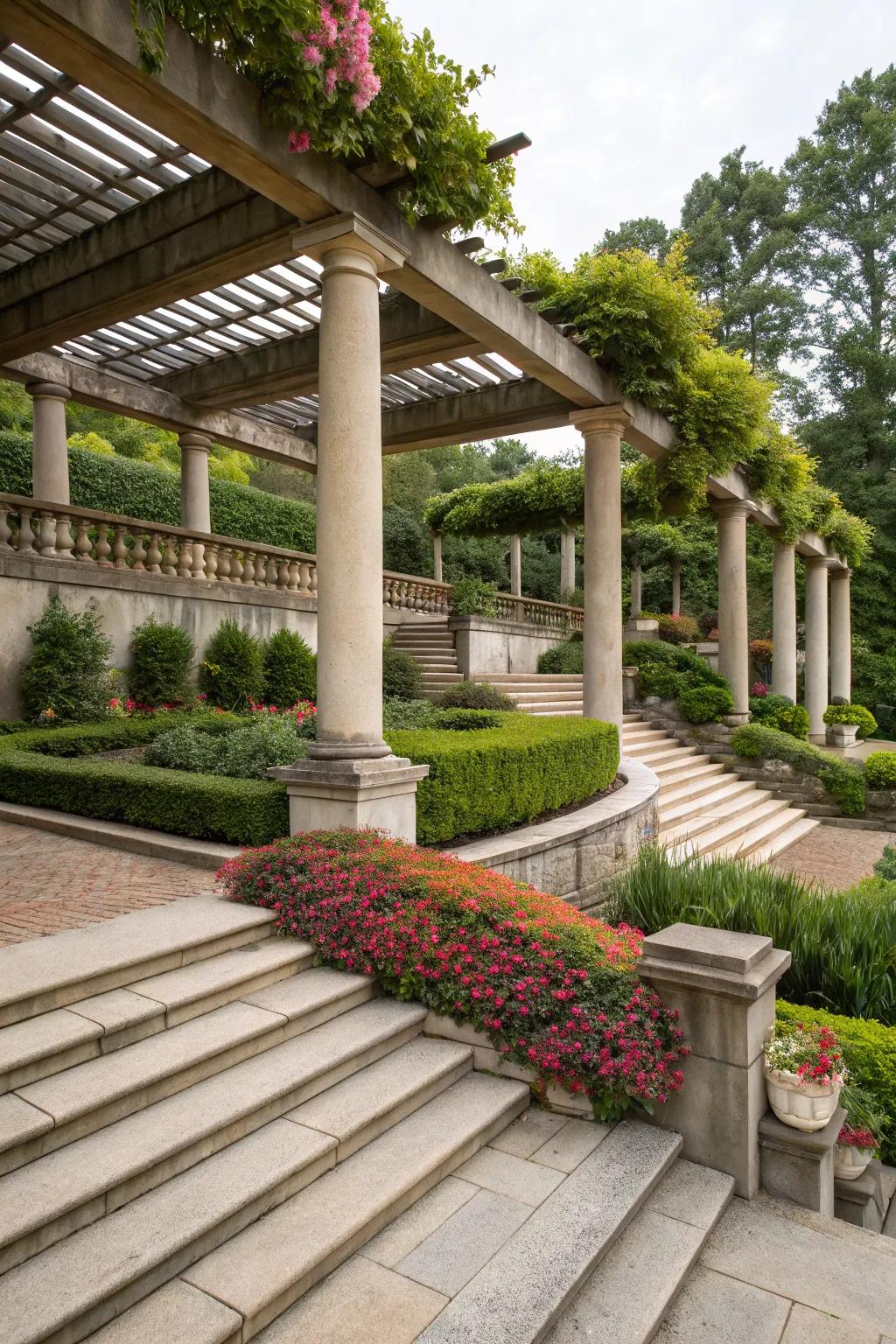 Multi-level designs with pillars add depth to patios.