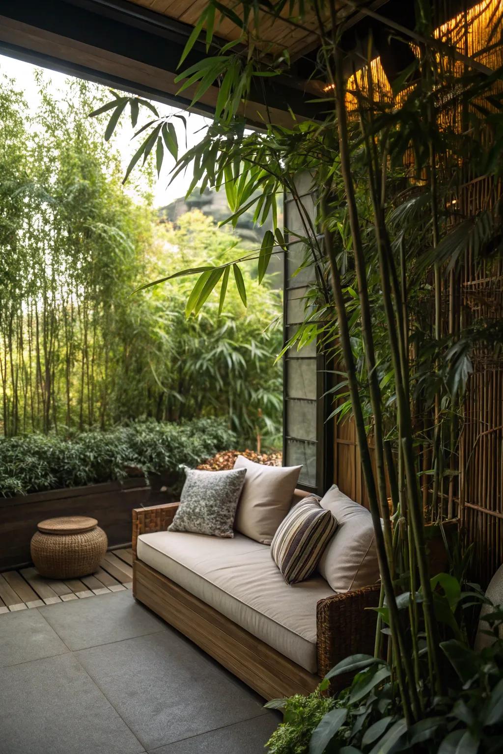 Design a cozy corner with tall plants for privacy.