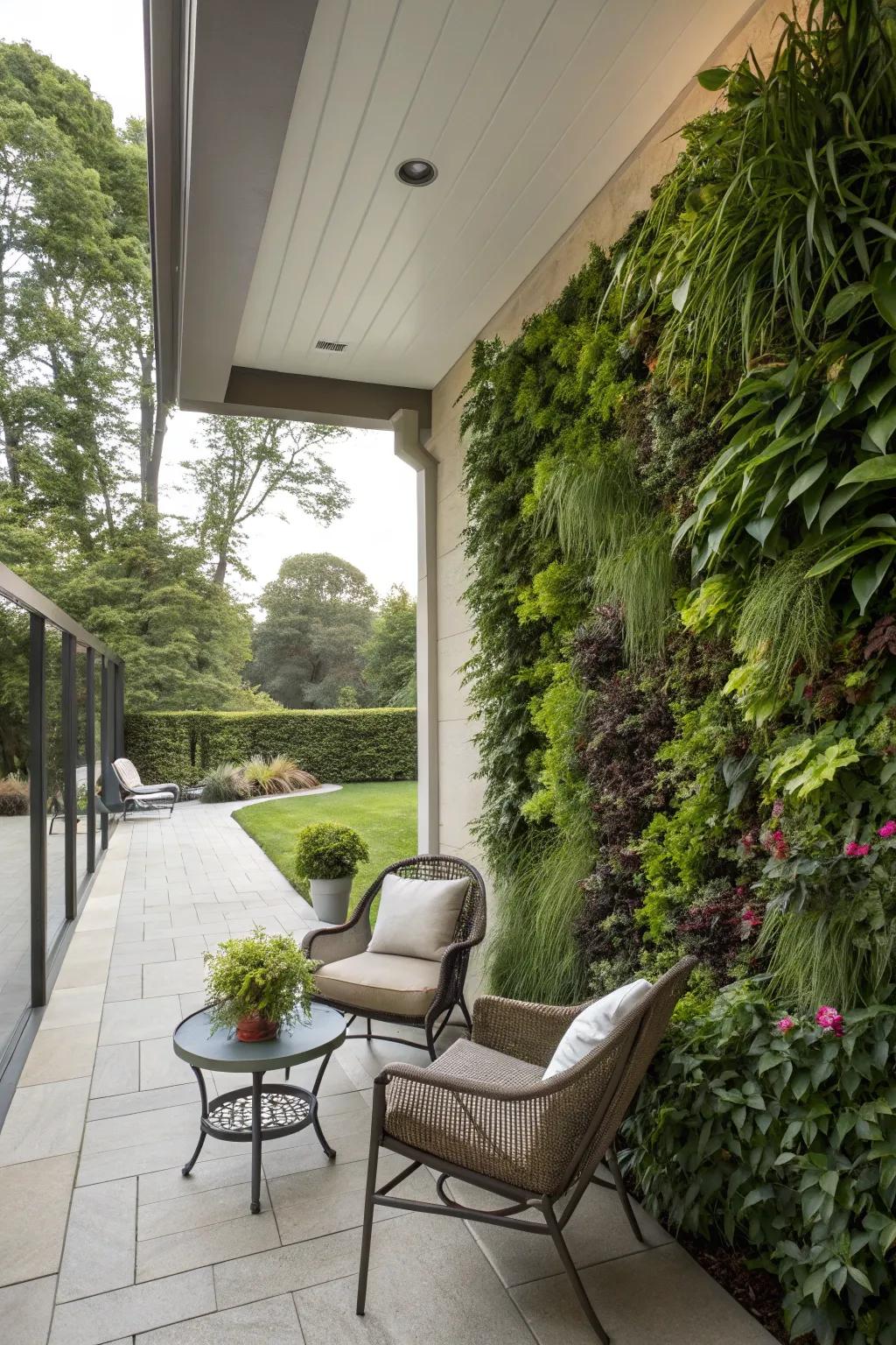 Vertical gardens enhance privacy while adding lush greenery.