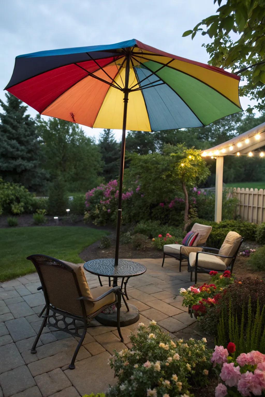 Colorful umbrellas offer flexible and portable shade.