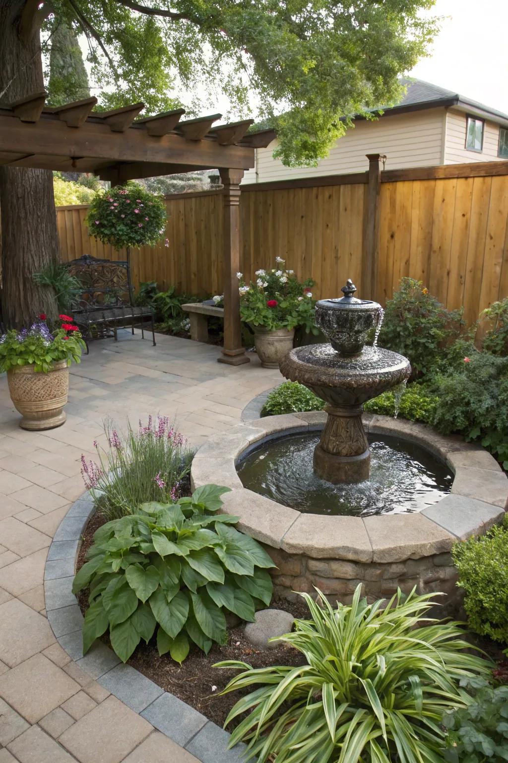 A water feature adds tranquility and elegance to this patio.