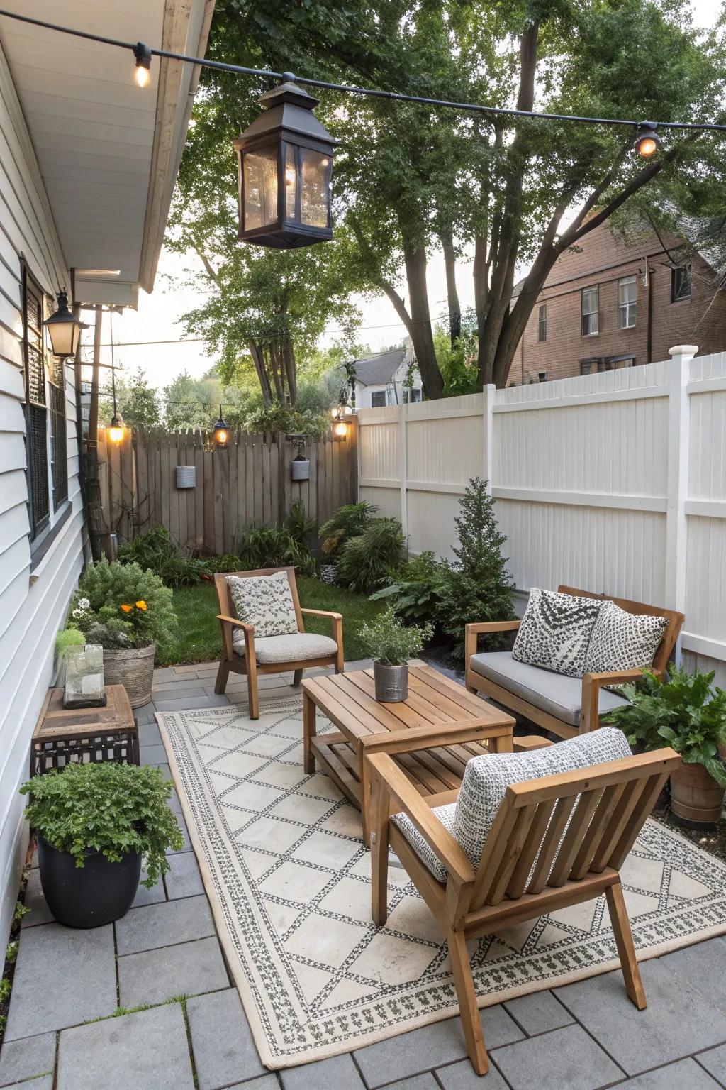 Smart furniture layout optimizing a small patio space.