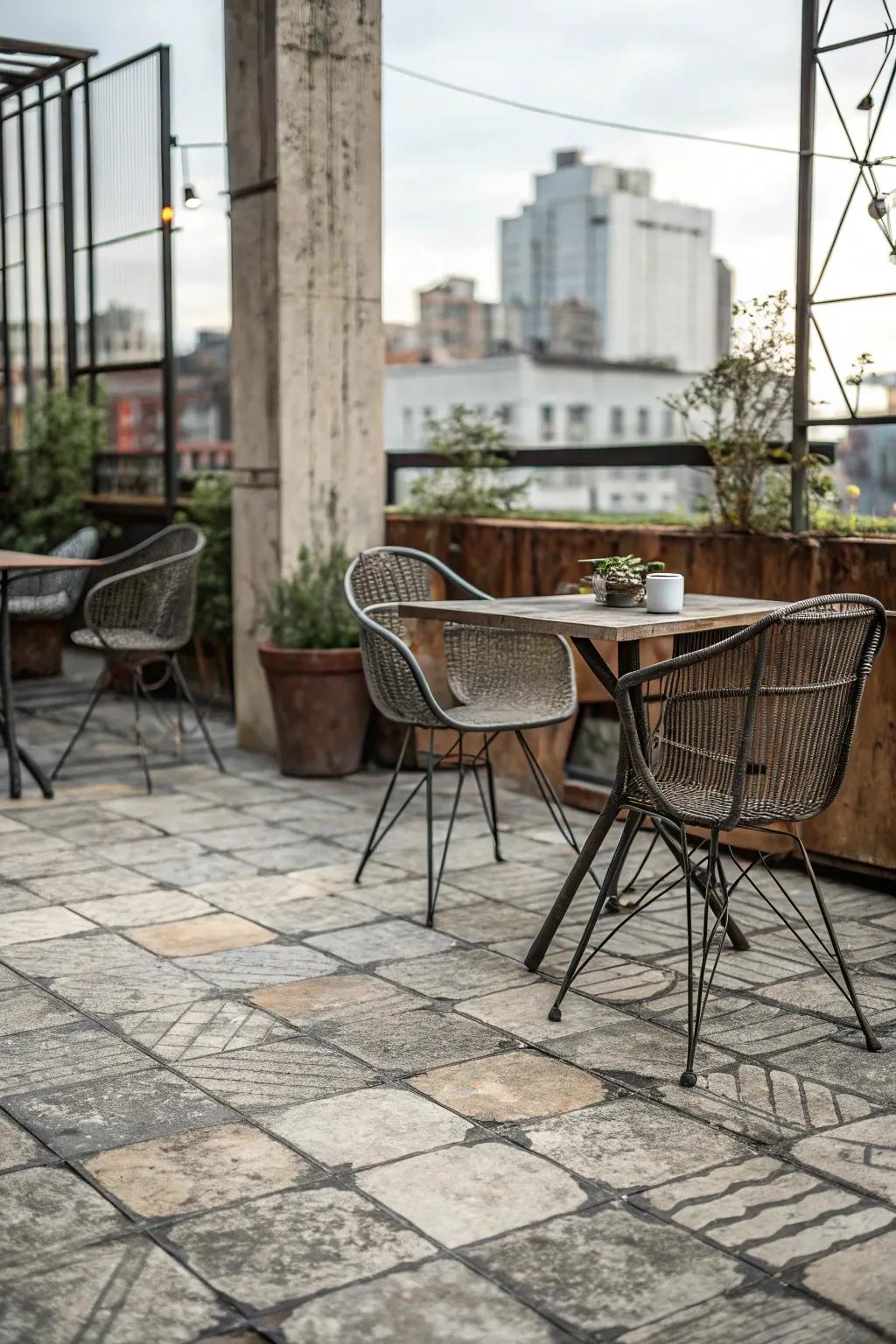 Cement-look tiles offer a chic, industrial flair to patios.