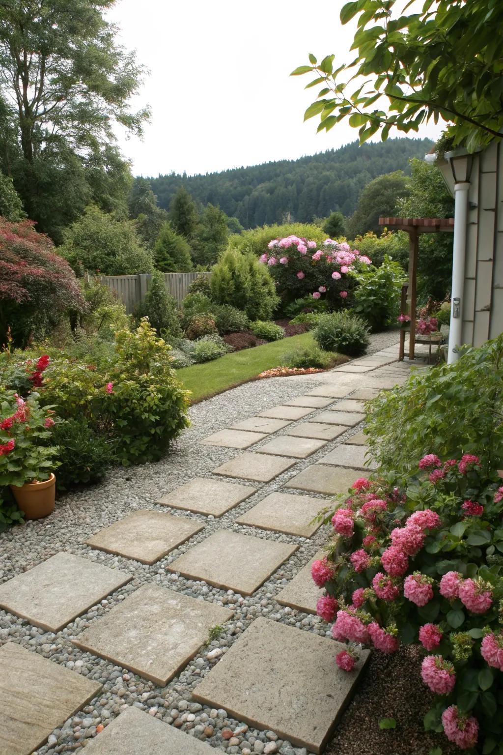 A lush garden courtyard with a gravel and paver patio.