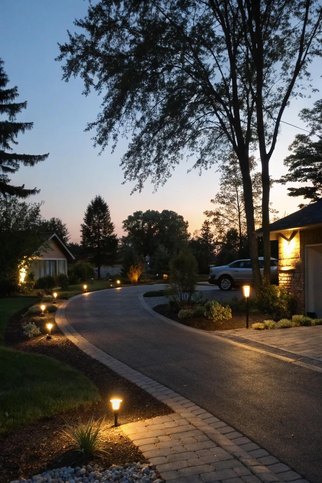 Integrated lighting adds ambiance to the driveway.