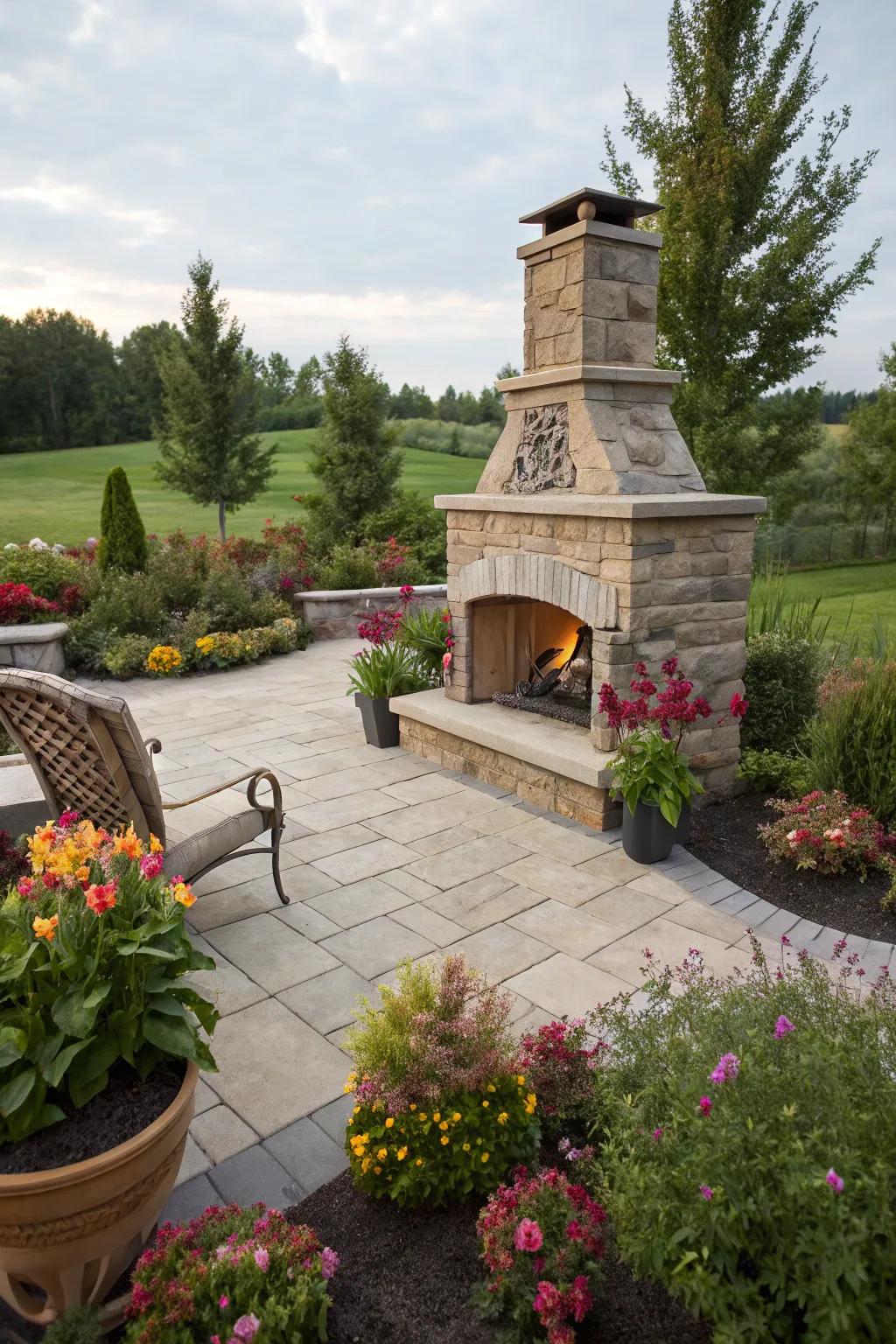 A garden-integrated fireplace offering a peaceful retreat amid nature.