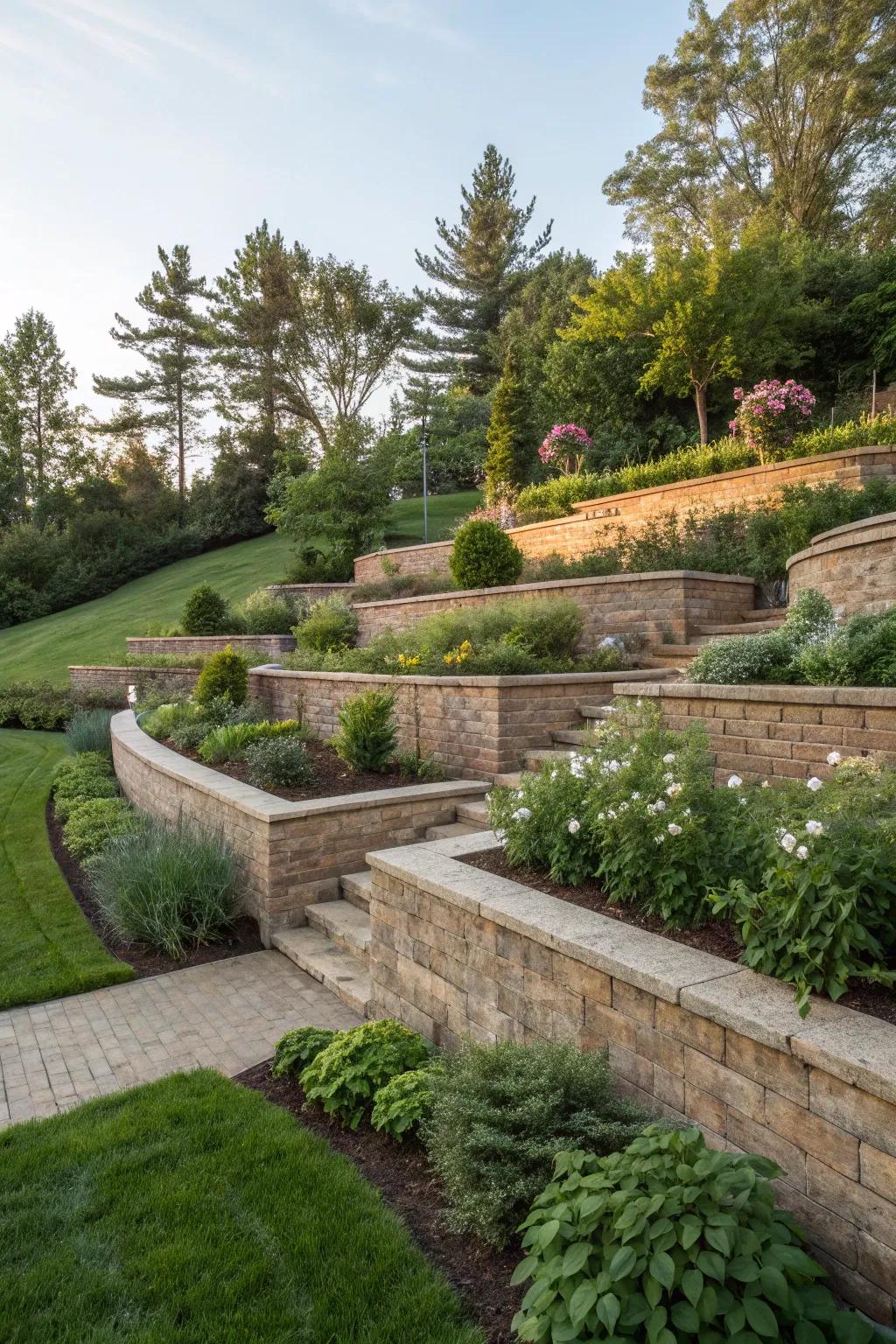 Layered terraced garden created with multiple paver retaining walls.