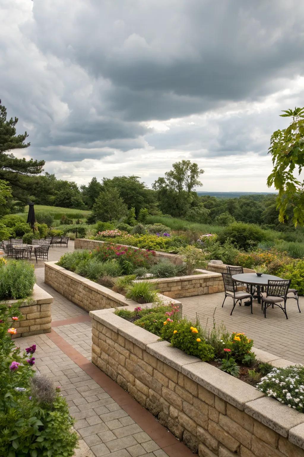 Paver walls creating distinct garden areas.
