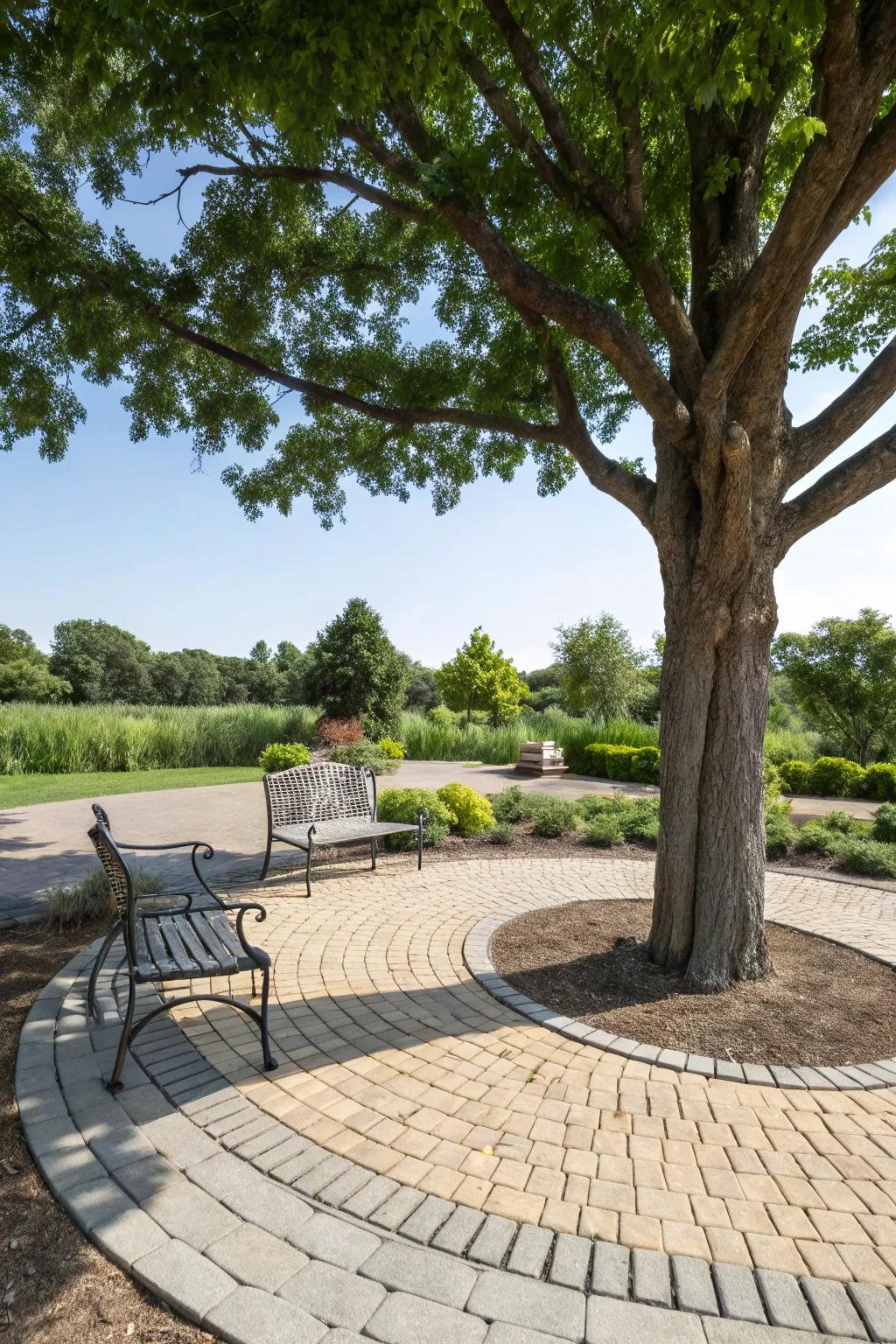 A serene seating area with pavers around a tree, perfect for relaxation.