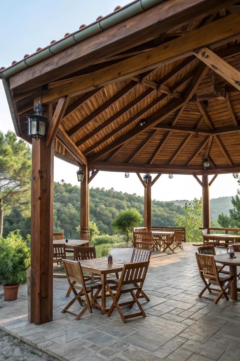 Rustic wood accents bring warmth and charm to your pavilion.