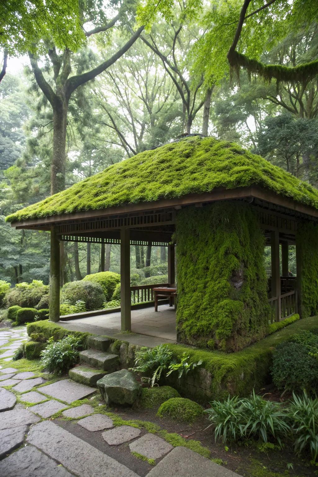 A living moss wall creating a lush, eco-friendly pavilion retreat.