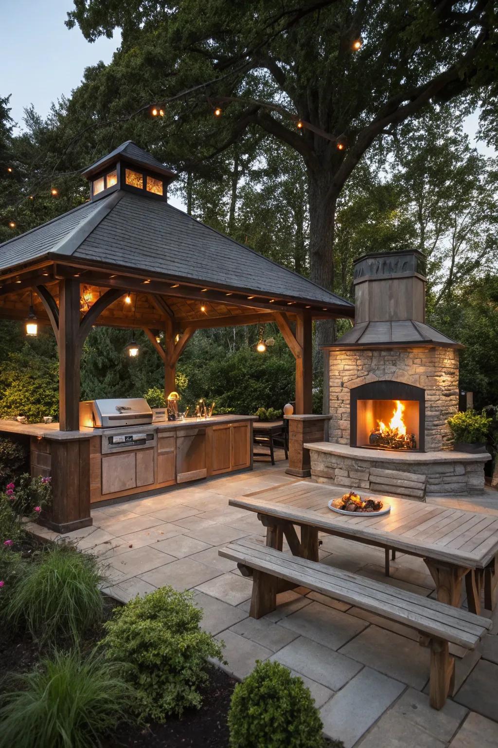A pavilion with a fireplace, providing warmth and ambiance.