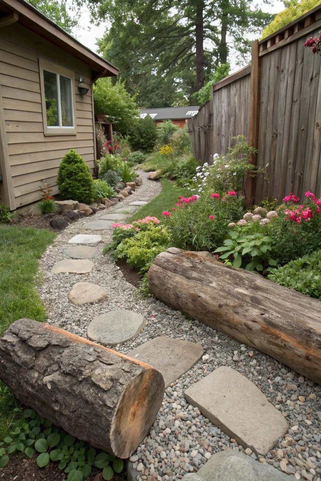 Natural elements like logs and stones add a rustic touch to pea gravel paths.