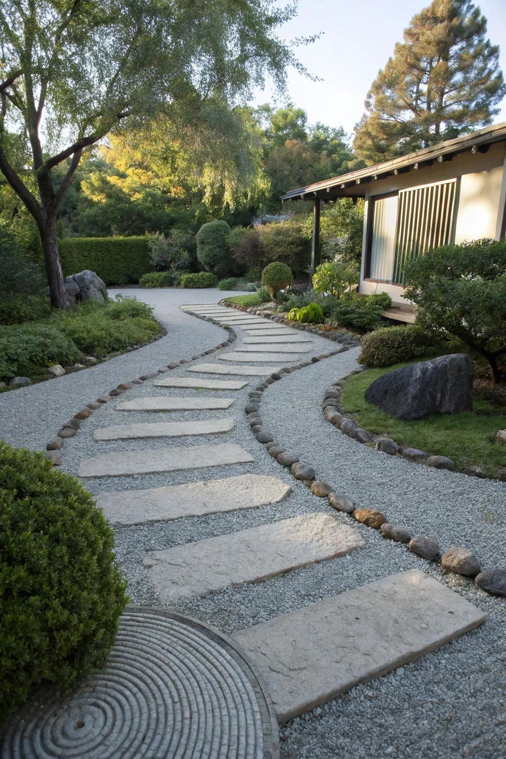 A Zen garden-inspired pea gravel driveway with artistic patterns.