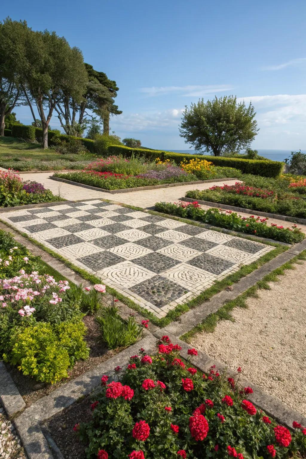 Geometric pebble patterns bring a modern touch to garden spaces.