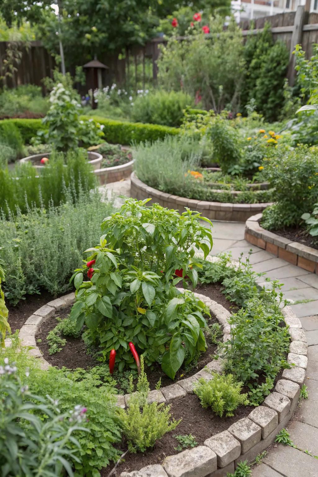 A spiral garden layout with peppers at its heart, creating a stunning focal point.
