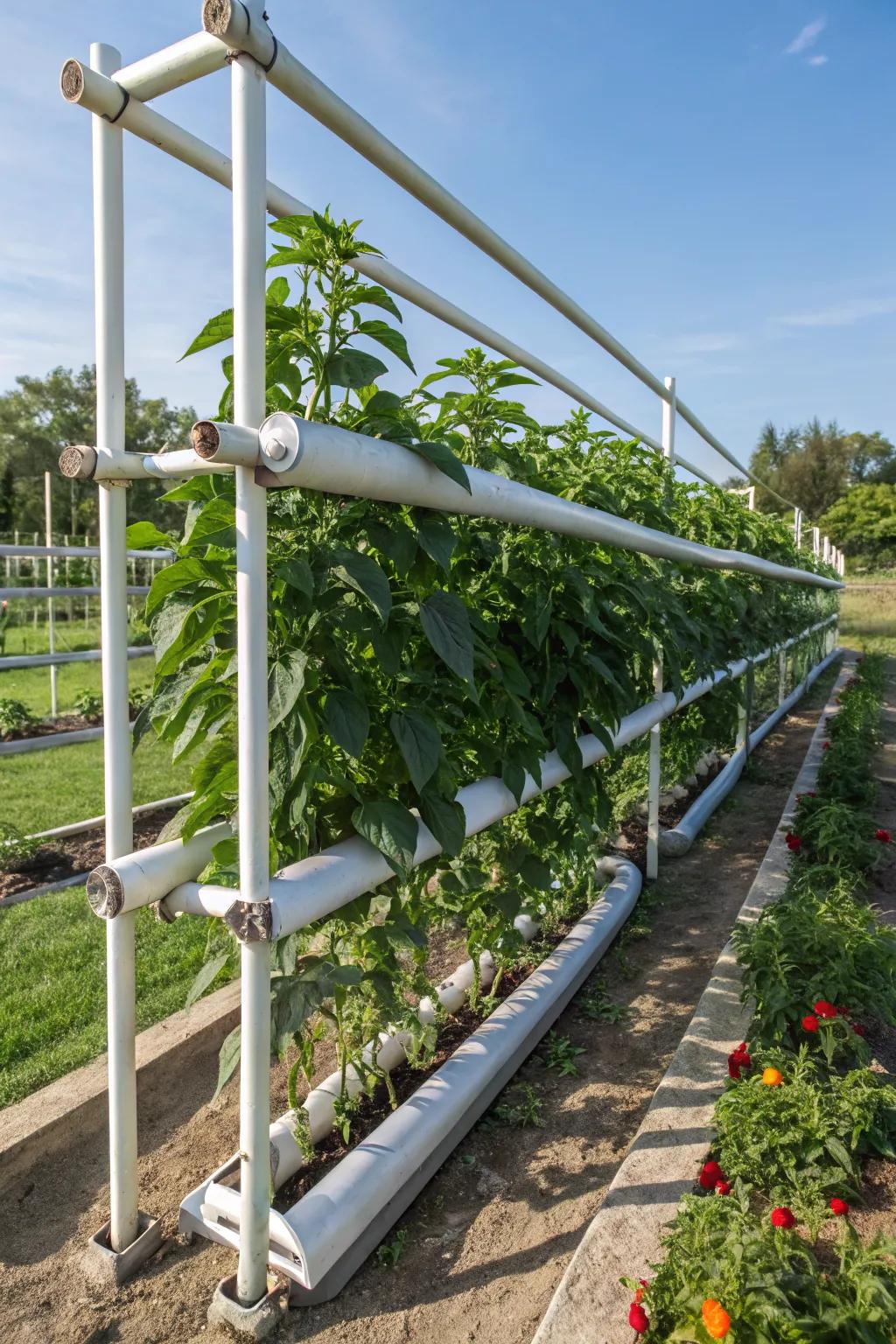 PVC pipe frameworks offer customizable support for peppers.