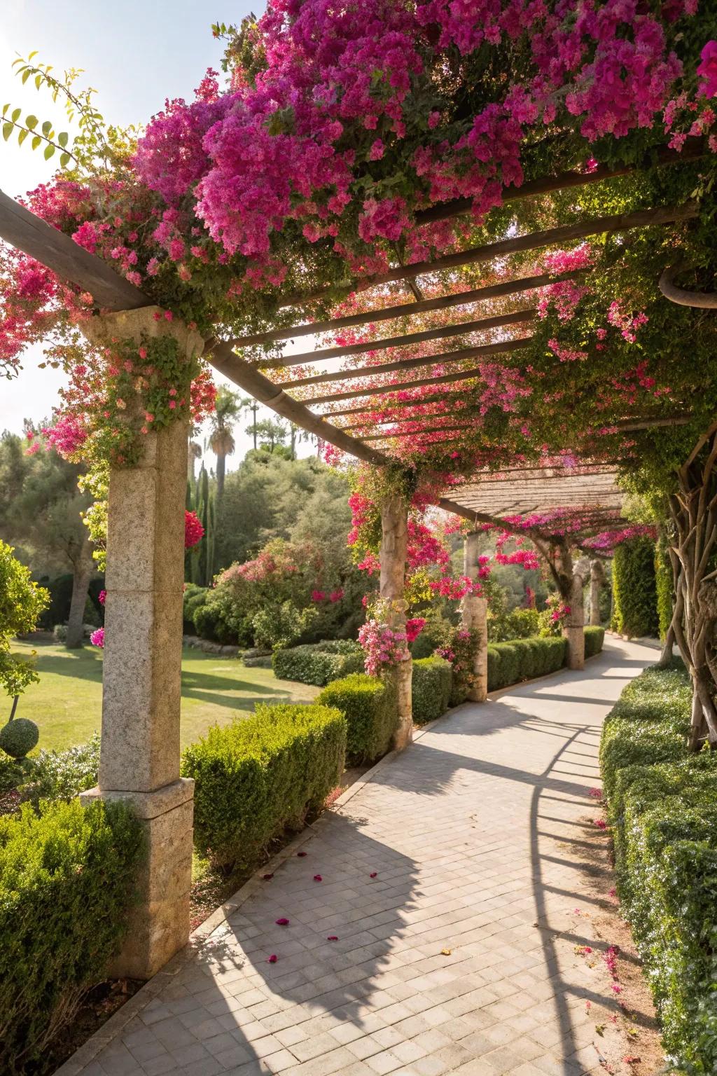 Infuse vibrant colors with bougainvillea on your pergola.