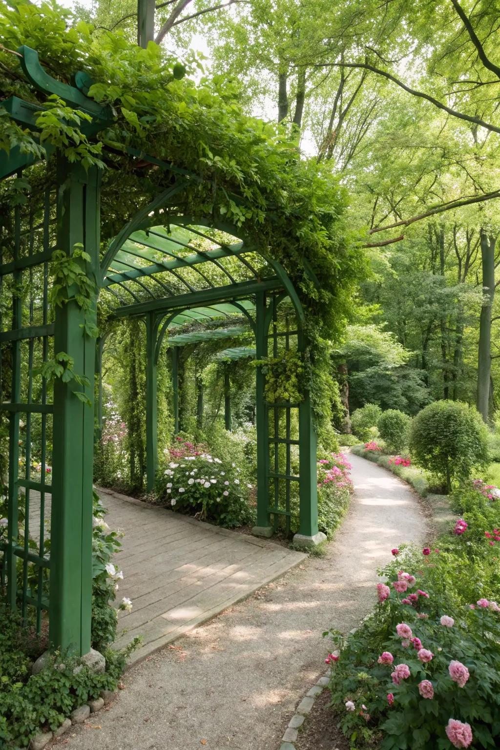 Green pergolas integrate beautifully with natural garden surroundings.