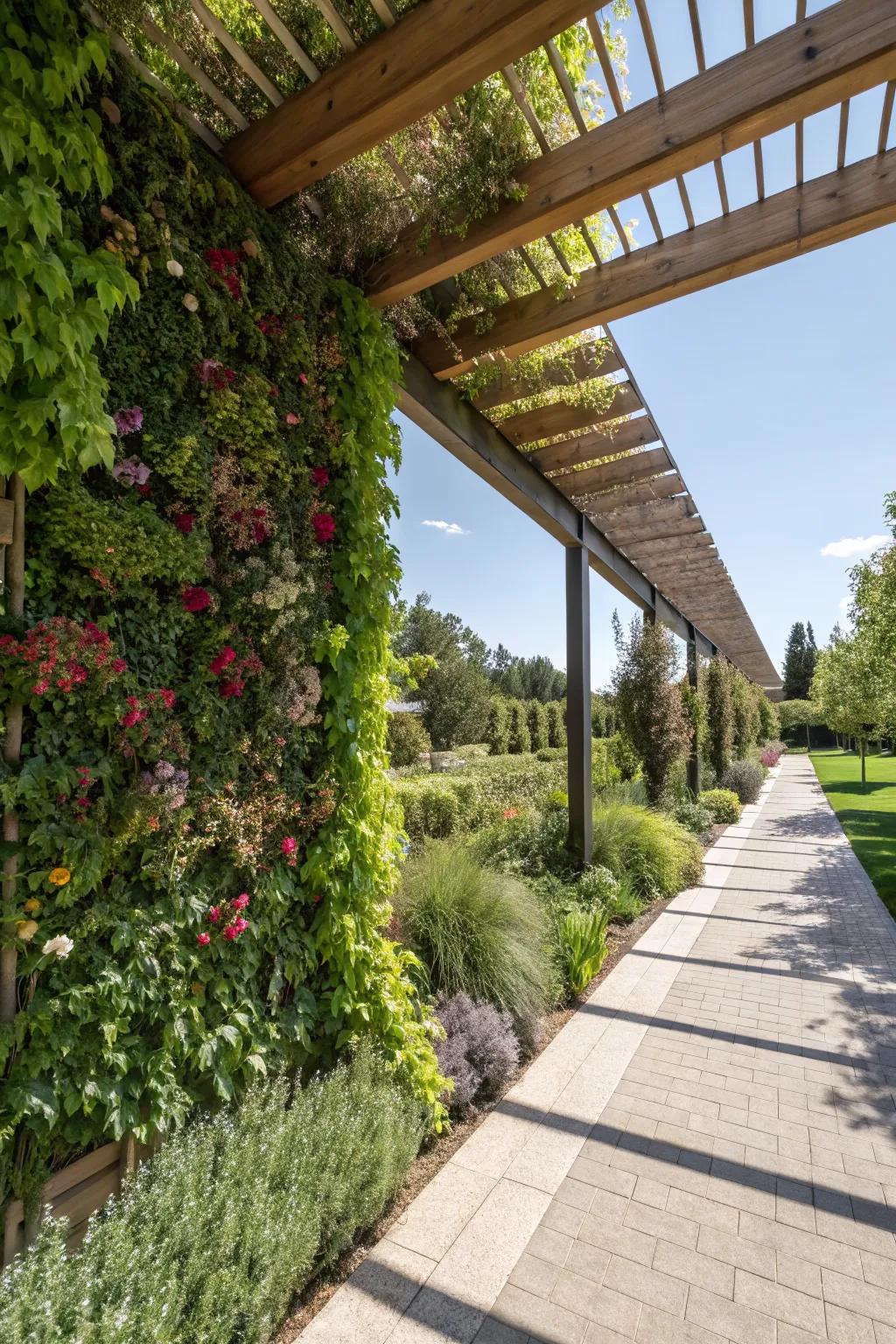 A vibrant vertical garden enclosing a pergola