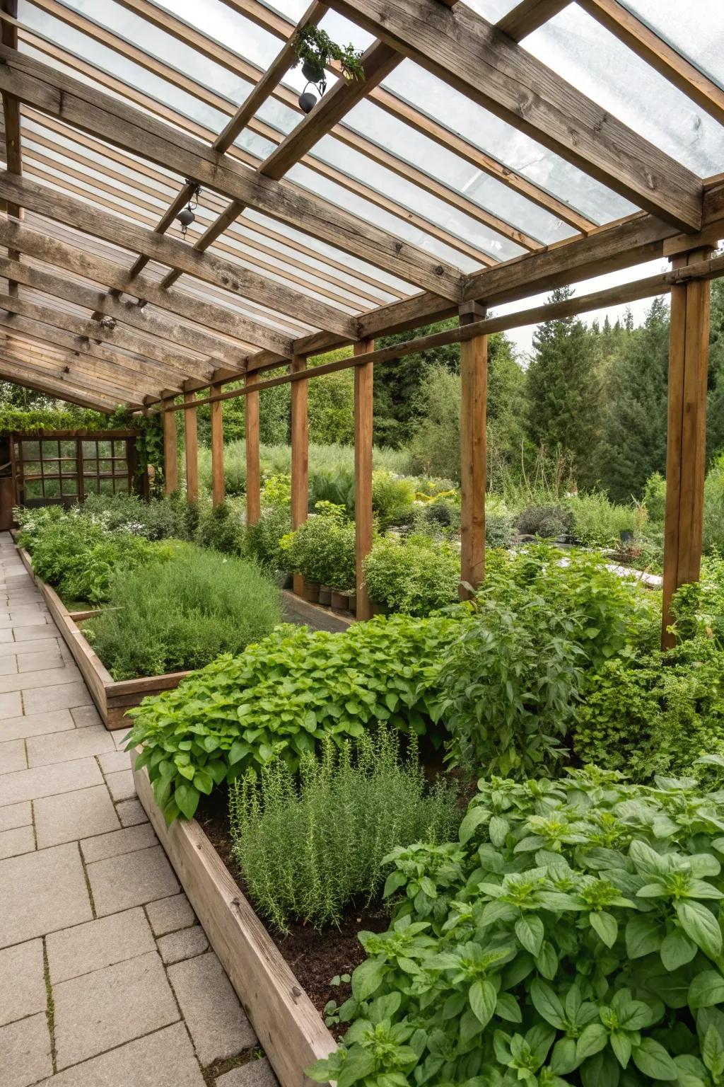 An herb haven within a pergola greenhouse, rich with fragrant plants.