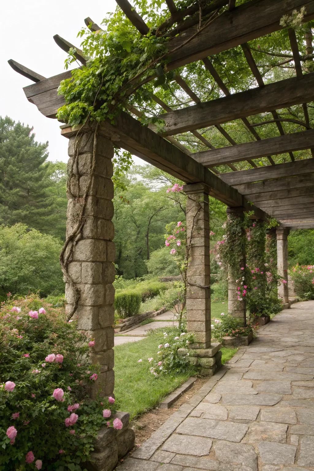 Create a rustic retreat with natural materials and a charming pergola.