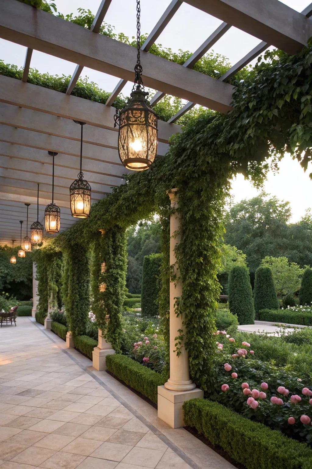 Modern lighting elevates this pergola's style.